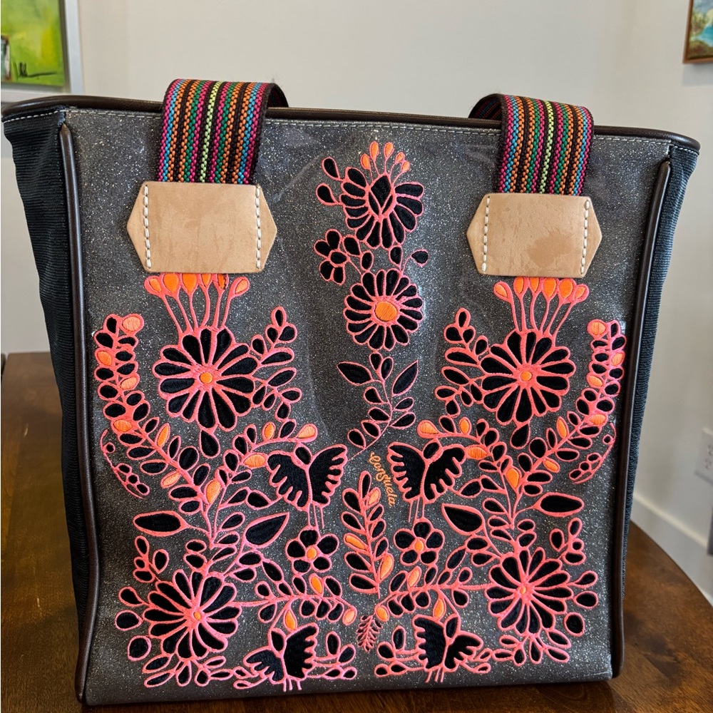 Consuela Mickey Black Tote with Pink Floral Design